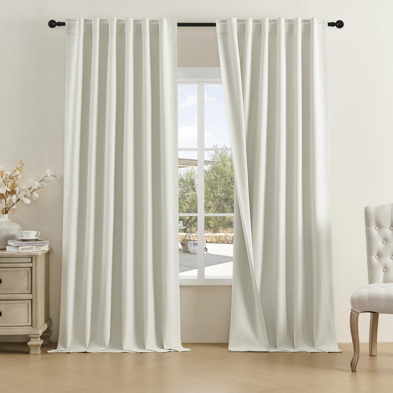 DUALIFE Natural Linen Curtains 108 Inches Long for Living Room 2 Panels Set Loop Pocket Back Tab Draperies Neutral Earth Tone Textured Vertical Blackout Linen Curtains for Large Window 9 FT W50 x L108 - Image 1