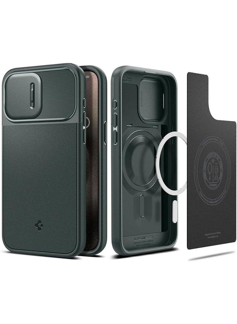 Spigen Optik Armor MagFit for iPhone 15 Pro Case Cover with MagSafe - Abyss Green  - Image 1