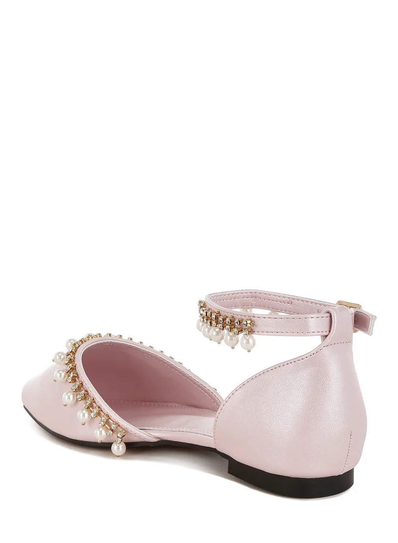 London Rag Rhinestone & Pearl Ankle Strap Flat Sandals in Blush