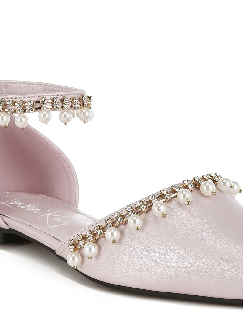 London Rag Rhinestone & Pearl Ankle Strap Flat Sandals in Blush