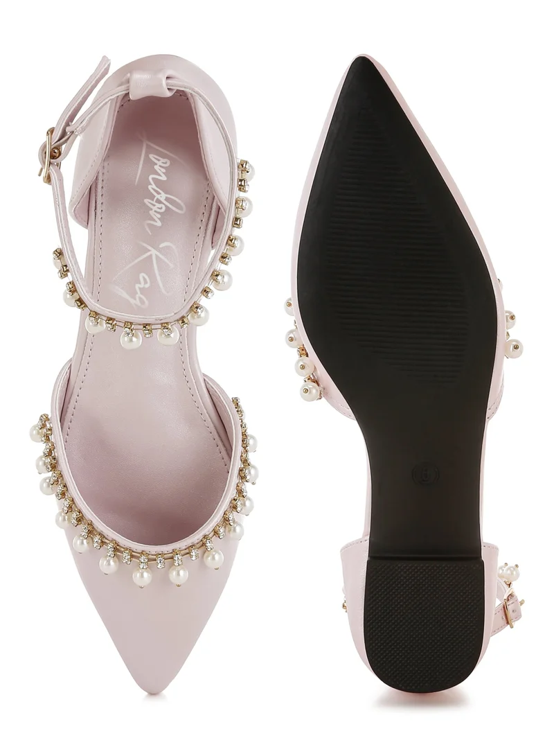 London Rag Rhinestone & Pearl Ankle Strap Flat Sandals in Blush
