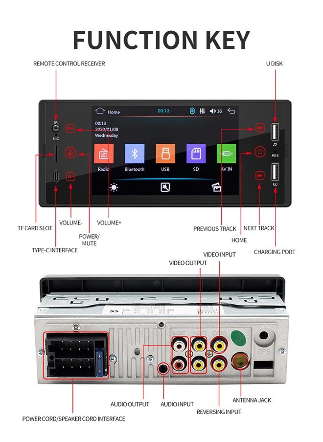 XUTIANZE - 5-inch HD IPS screen car MP5 player Dual USB port / TF card / TYPE-C port 2.1A fast charging / Bluetooth hands-free / FM radio support remote control operation and cell phone mirroring function - Image 1