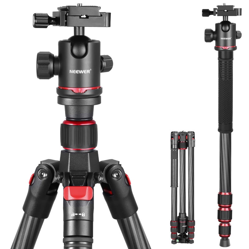 NEEWER 66"/168cm Carbon Fiber Tripod for Camera with 360° Panorama Ball Head, 1/4" Arca QR Plate, Portable Bag, Compact Travel Tripod Monopod for DSLR Video Camcorder, Max Load 26.5lb/12kg, N55C - Image 1
