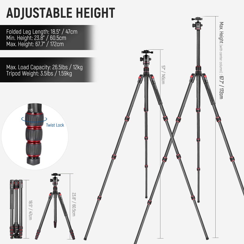 NEEWER 66"/168cm Carbon Fiber Tripod for Camera with 360° Panorama Ball Head, 1/4" Arca QR Plate, Portable Bag, Compact Travel Tripod Monopod for DSLR Video Camcorder, Max Load 26.5lb/12kg, N55C - Image 3