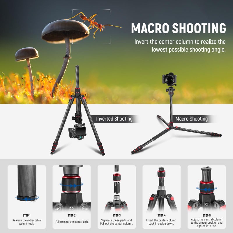 NEEWER 66"/168cm Carbon Fiber Tripod for Camera with 360° Panorama Ball Head, 1/4" Arca QR Plate, Portable Bag, Compact Travel Tripod Monopod for DSLR Video Camcorder, Max Load 26.5lb/12kg, N55C - Image 5