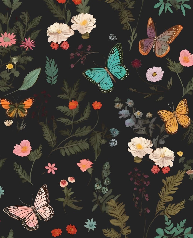 VOLEAAR Black Butterfly Wallpaper Peelable Vintage Dark Wallpaper with Colorful Butterfly Pattern Boho Floral Contact Paper Stick on Bedroom Cabinet Drawer Shelf Liner Backsplash 175In x 98Ft