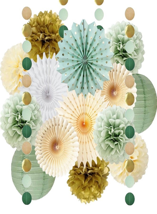 FETETIJD Sage Green Party Decorations Sage Green and Gold Paper Pom Poms Flowers Paper Fans Olive Sage Gold Circle Dots Garland for Sage Birthday Baby Shower Bridal Shower Wedding Party Decoration - Image 1