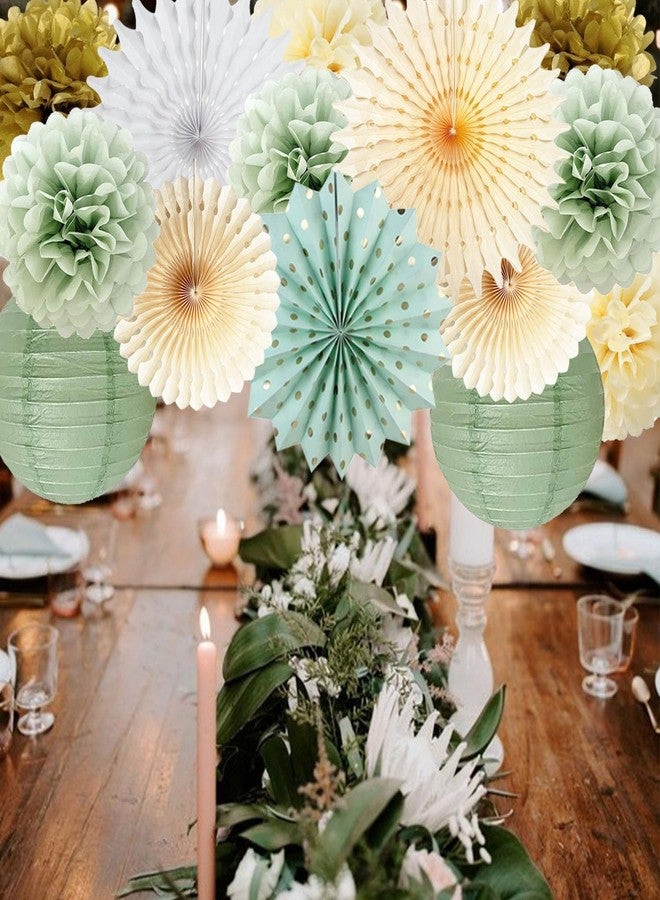 FETETIJD Sage Green Party Decorations Sage Green and Gold Paper Pom Poms Flowers Paper Fans Olive Sage Gold Circle Dots Garland for Sage Birthday Baby Shower Bridal Shower Wedding Party Decoration - Image 5