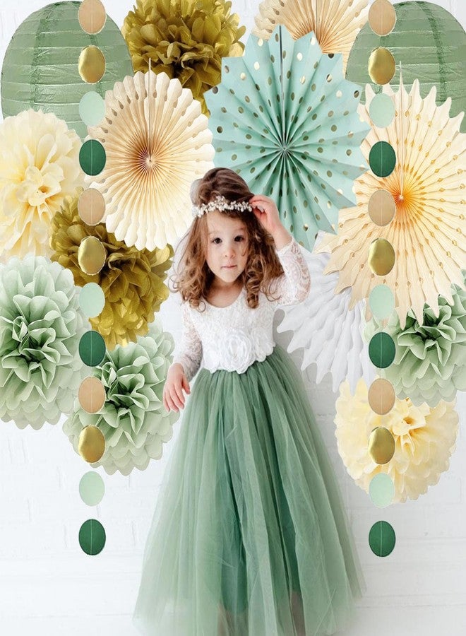 FETETIJD Sage Green Party Decorations Sage Green and Gold Paper Pom Poms Flowers Paper Fans Olive Sage Gold Circle Dots Garland for Sage Birthday Baby Shower Bridal Shower Wedding Party Decoration - Image 4