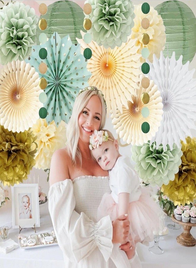 FETETIJD Sage Green Party Decorations Sage Green and Gold Paper Pom Poms Flowers Paper Fans Olive Sage Gold Circle Dots Garland for Sage Birthday Baby Shower Bridal Shower Wedding Party Decoration - Image 2