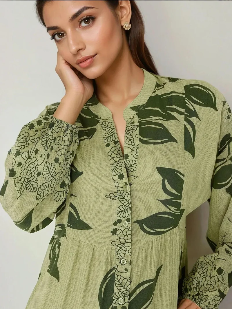 زوبعة فستان ماكسي طويل الأكمام من الفيسكوز مطبوع