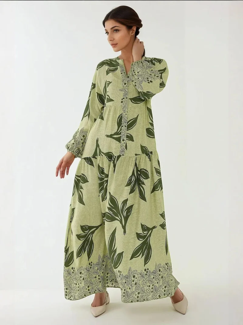 HICCUP Sacramento Green Printed Long Sleeve Viscose Maxi Dress for Women | Best Price UAE