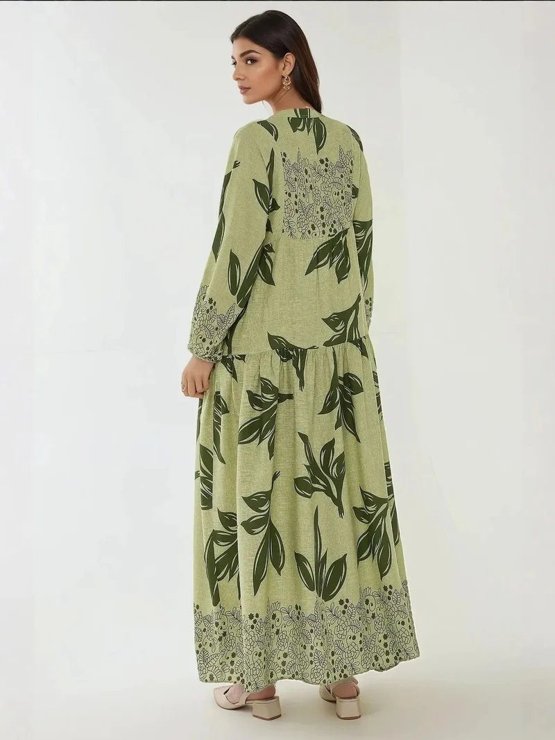 HICCUP Sacramento Green Printed Long Sleeve Viscose Maxi Dress for Women | Best Price UAE
