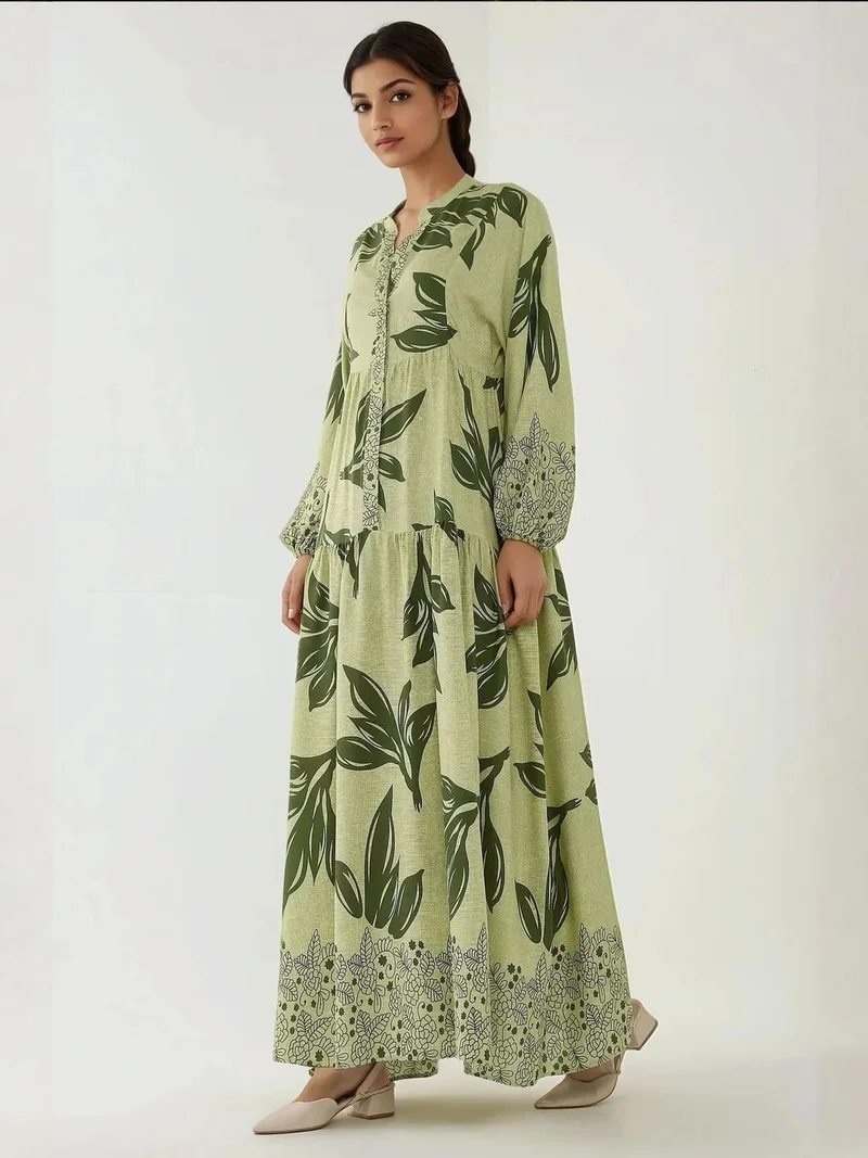 HICCUP Sacramento Green Printed Long Sleeve Viscose Maxi Dress for Women | Best Price UAE