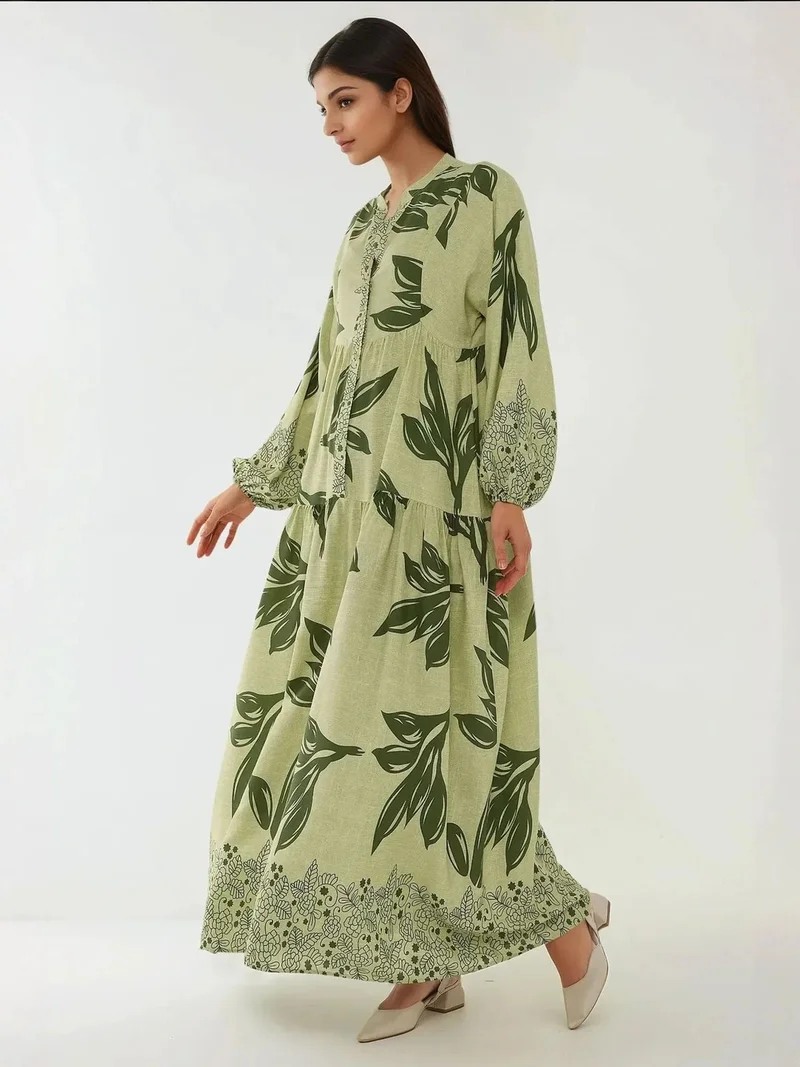 HICCUP Sacramento Green Printed Long Sleeve Viscose Maxi Dress for Women | Best Price UAE