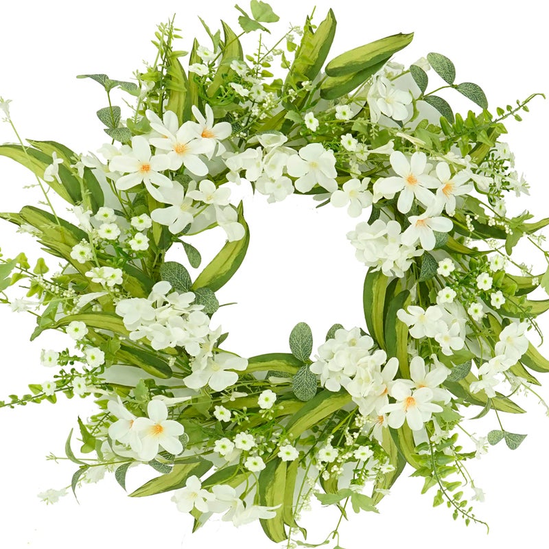 KORSMV 20 Spring Wreath Summer Wreath with White Cherry Blossoms Hydrangea Flowers and Wild Flowers Mixed Green Eucalyptus Fern Leaves for Front Door Home Outdoor Decoration 
