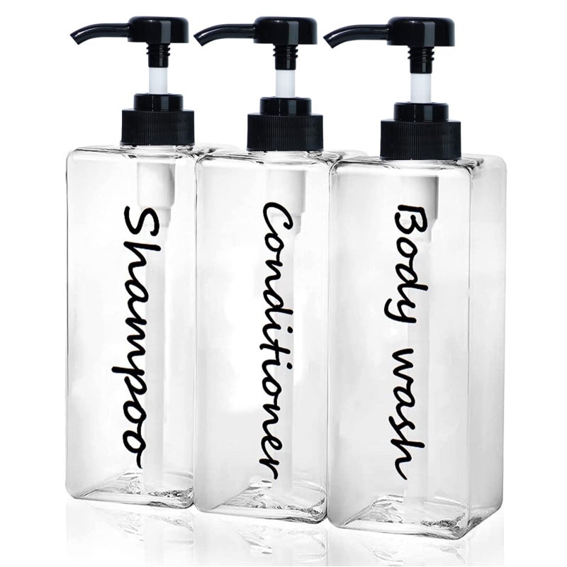 DIDROOM Shampoo Dispenser  Refillable Shampoo and Conditioner Bottles Clear Set of 3 21oz  Modern Shampoo Bottles for Shower Soap  Empty Shampoo Conditioner Body Wash Dispenser Set  for Bathroom
