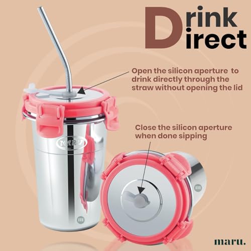MARU Stainless Steel Tumbler 400ml with Lid, Reusable Straw & Cleaning Brush – Durable, Leakproof & Portable Sippy Cup Ideal for Travel, Office & Home (Pink) - Image 5