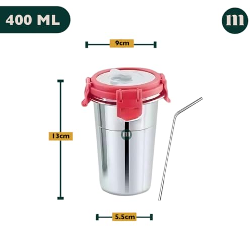 MARU Stainless Steel Tumbler 400ml with Lid, Reusable Straw & Cleaning Brush – Durable, Leakproof & Portable Sippy Cup Ideal for Travel, Office & Home (Pink) - Image 2