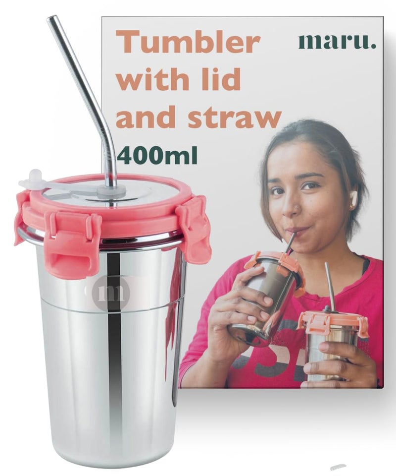 MARU Stainless Steel Tumbler 400ml with Lid, Reusable Straw & Cleaning Brush – Durable, Leakproof & Portable Sippy Cup Ideal for Travel, Office & Home (Pink) - Image 1