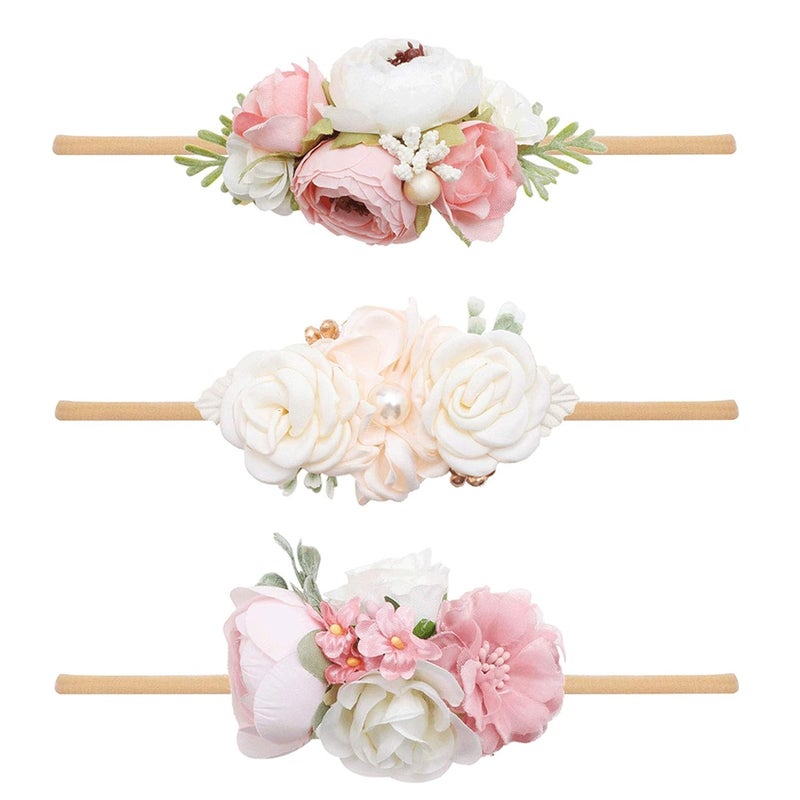 mligril Baby Girl Nylon Headbands Flower Hair Bows Accessories-Elastic Hair Band Crown Handmade FLoral Wraps Birthday Gifts for Girls Newborn Infant Toddler 3Pcs - Image 1