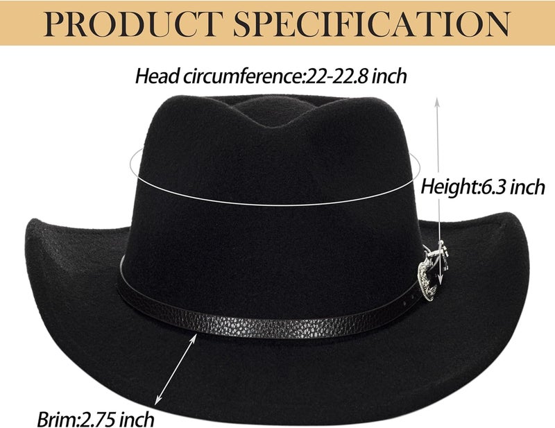 CaySep Classic Western Cowboy Hat for Women and Men Roll Up Wide Brim Felt Fedora Hats Cowgirl Hat with Belt Buckle(M-L) - Image 3