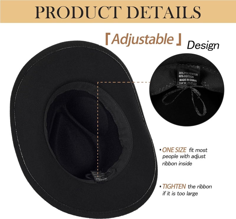 CaySep Classic Western Cowboy Hat for Women and Men Roll Up Wide Brim Felt Fedora Hats Cowgirl Hat with Belt Buckle(M-L) - Image 5