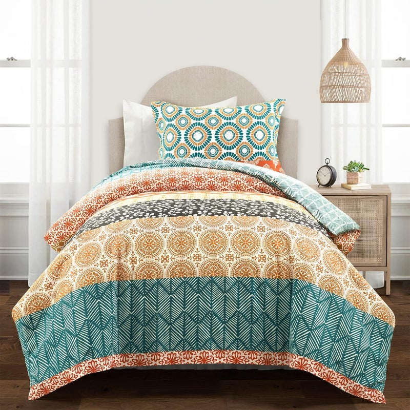 Lush Decor Lush Decor Bohemian Stripe Reversible Cotton Duvet Cover Set 3 Piece Set Twin XL Turquoise  Orange  Teen Boho Bedding Set  Colorful Dorm Decor  Striped Duvet Cover  Bold Boho Bedroom Decor 