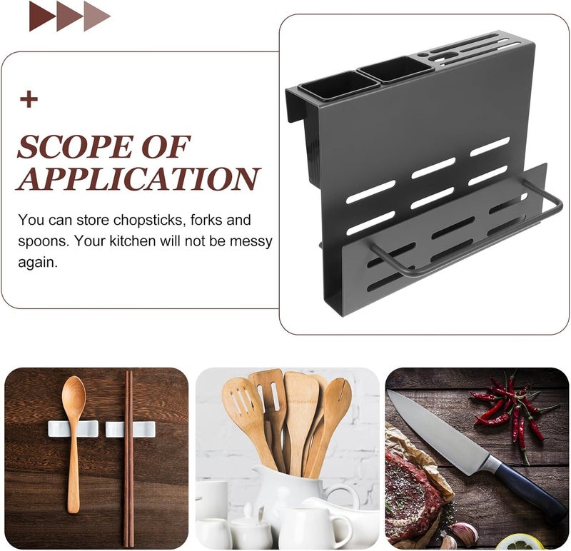 Wall-mounted Kitchen Cutlery Holder with Cutting Board Organizer and Dual Cup Chopstick Draining Holder, Gunmetal Gray Multifunctional Utensil Storage Rack for Countertop and Wall - Image 3