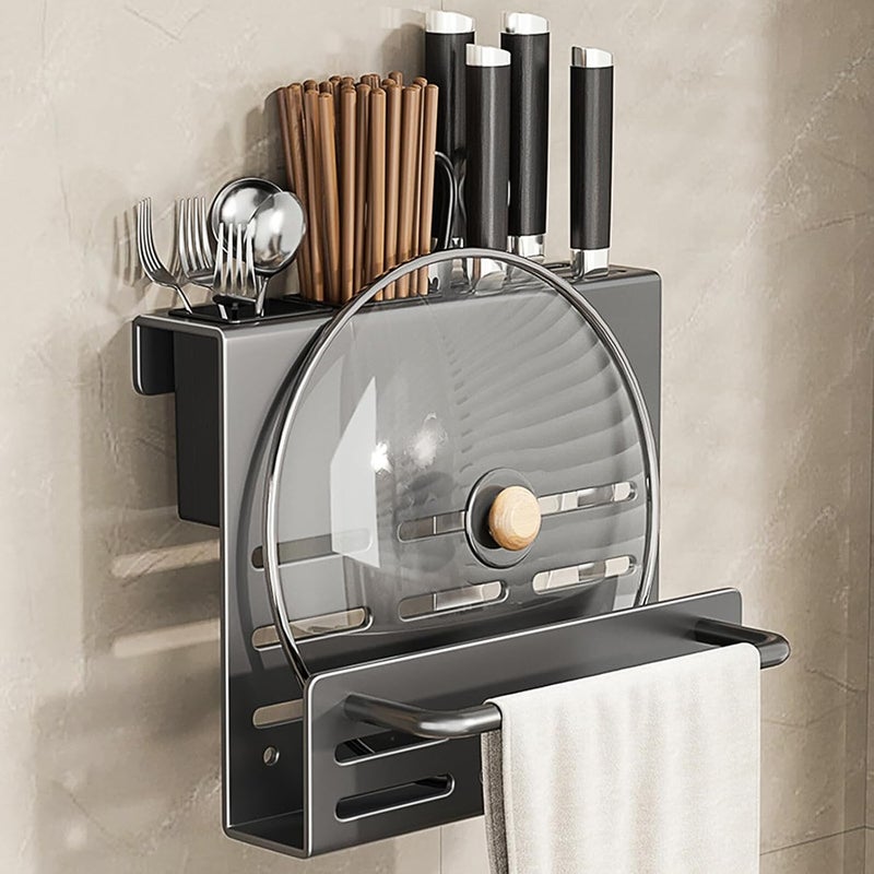 Wall-mounted Kitchen Cutlery Holder with Cutting Board Organizer and Dual Cup Chopstick Draining Holder, Gunmetal Gray Multifunctional Utensil Storage Rack for Countertop and Wall - Image 5
