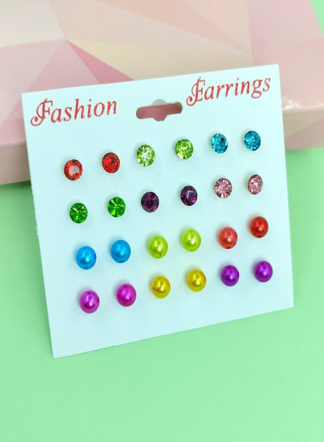 Shivarth Latest Trendy Pearl & Stone Crystal Multicolor Round Small Stud Earring for Women & Girls Artifical Jewelry Fancy Stylish Kaan ke Tops Korean Western Earring for Gift Set of 12Pairs - Image 3