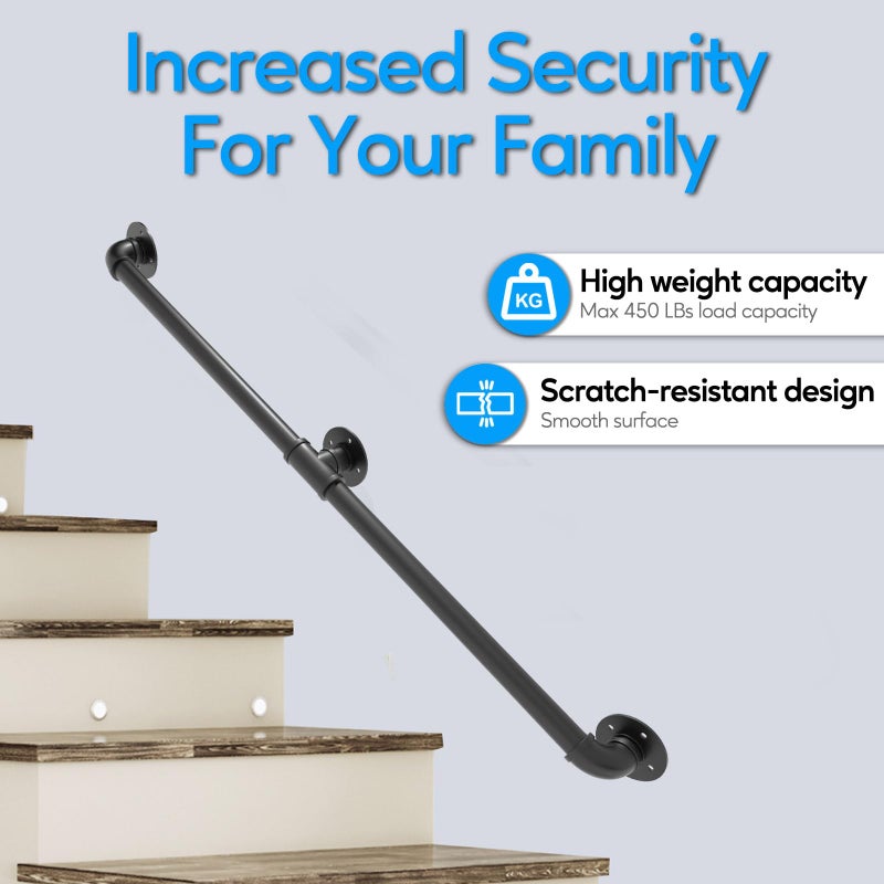 Rectoo Pipe Stair Handrail, 3 Ft Metal Staircase Handrail, Black Galvanized Industrial Iron Hand Rail for Indoor & Outdoor Wall Mount Support, Wall Hand Railing,Safety Handle, Steps Baluster(HR01) - Image 5