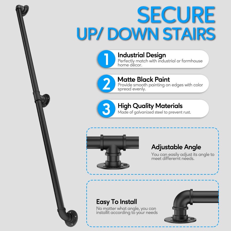 Rectoo Pipe Stair Handrail, 3 Ft Metal Staircase Handrail, Black Galvanized Industrial Iron Hand Rail for Indoor & Outdoor Wall Mount Support, Wall Hand Railing,Safety Handle, Steps Baluster(HR01) - Image 2