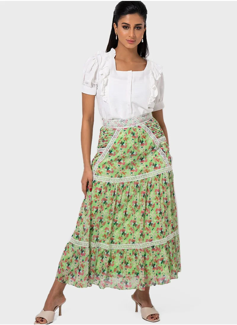 RINA Lace Trim Printed Skirt