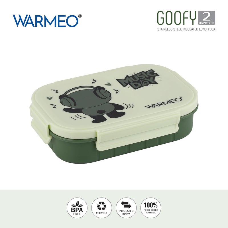 WARMEO صندوق غداء معزول غوفي مع قسمين خالي من BPA، صندوق غداء للأطفال، مثالي للمدرسة، النزهات، المكتب والأنشطة الخارجية - 500 مل أخضر، فولاذ مقاوم للصدأ - Image 2