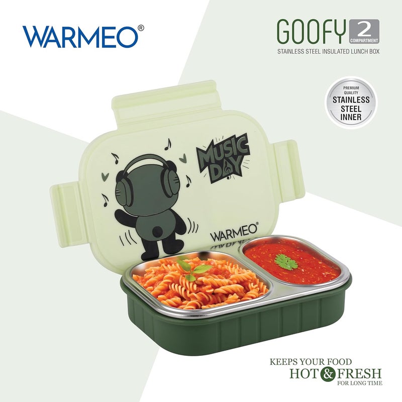 WARMEO صندوق غداء معزول غوفي مع قسمين خالي من BPA، صندوق غداء للأطفال، مثالي للمدرسة، النزهات، المكتب والأنشطة الخارجية - 500 مل أخضر، فولاذ مقاوم للصدأ - Image 3