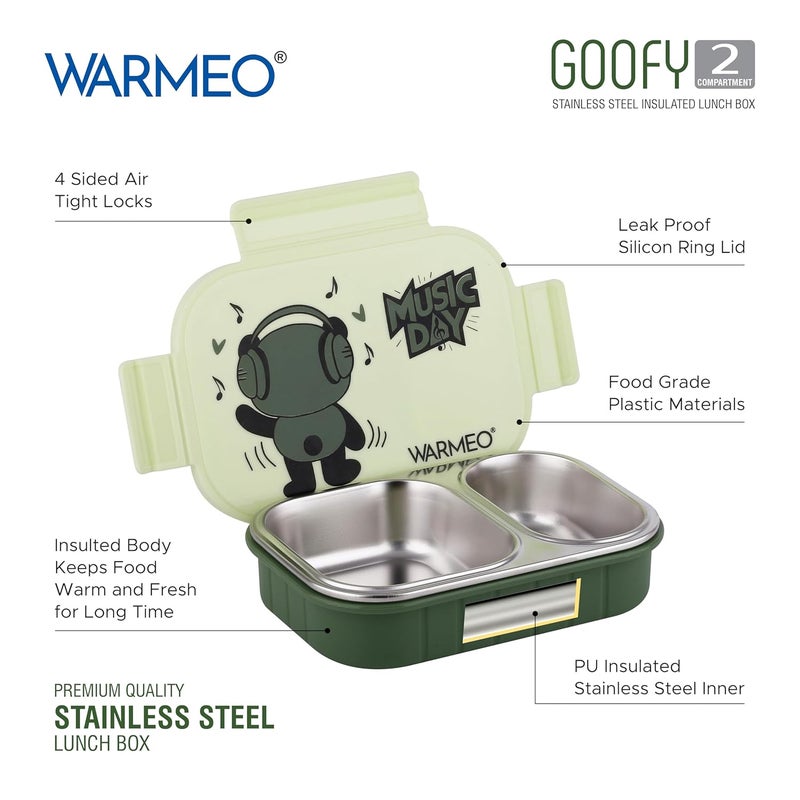 WARMEO صندوق غداء معزول غوفي مع قسمين خالي من BPA، صندوق غداء للأطفال، مثالي للمدرسة، النزهات، المكتب والأنشطة الخارجية - 500 مل أخضر، فولاذ مقاوم للصدأ - Image 5