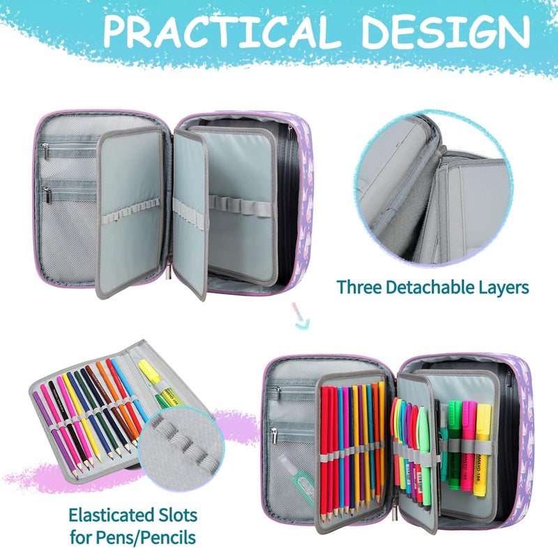 VASCHY Large Pencil Case, Art Color Pencils Pouch with Detachable Layers Multiple Zip Pockets for School Office Stationary Organization Purple Unicorn - Image 3