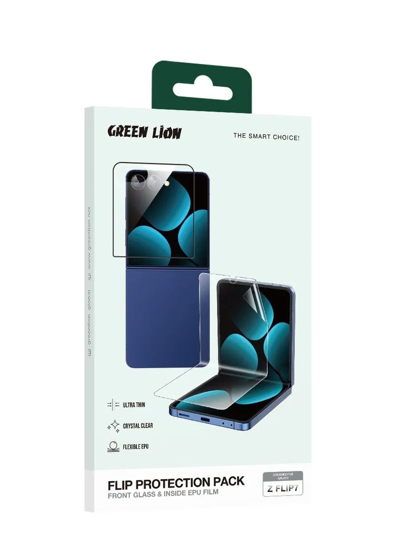 GREEN LION Screen Protector & Flip Protection Pack for Samsung Z Flip 7 / Crystal Clear / Flexible EPU / Ultra-Thin / Full Body Coverage / Scratch-Resistant / Lightweight / Durable / Clear Case for Z Flip 7