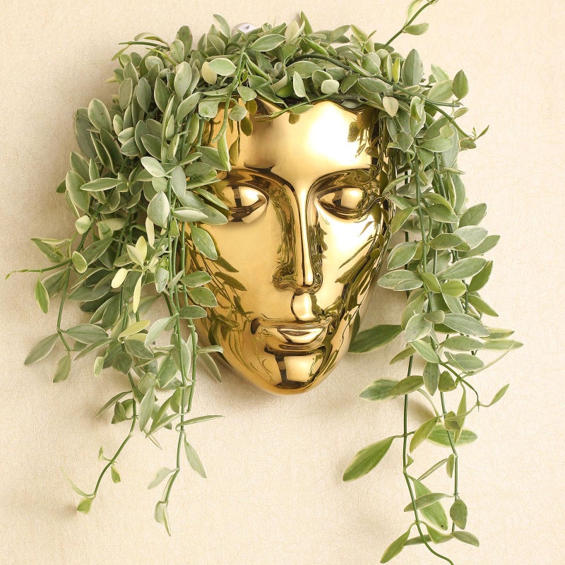 Face VaseCeramic Female Form VaseModern Sculpture Planter PotHuman Face Dried Flower Shaped VaseWall Hanging Plant Pot for Home Decor Centerpieces Office or Outdoor Hanging Decor Gold