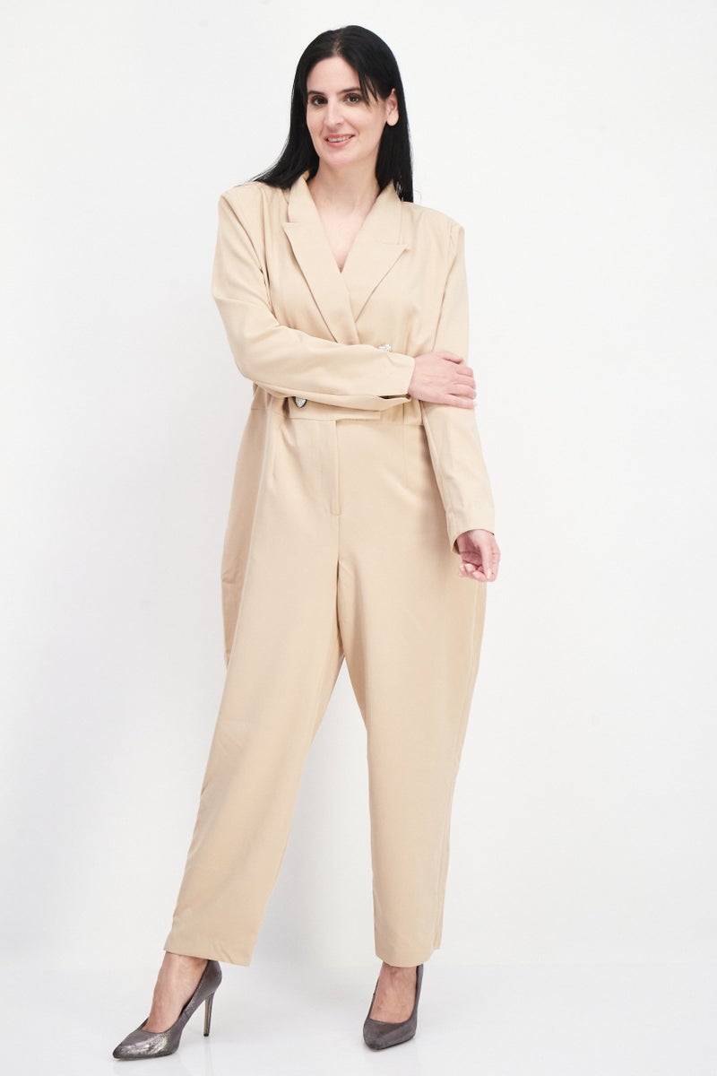 RIVER ISLAND بدلة نسائية بسيطة بأكمام طويلة، بيج - Image 1