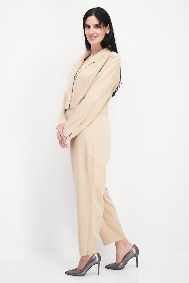 RIVER ISLAND بدلة نسائية بسيطة بأكمام طويلة، بيج - Image 2