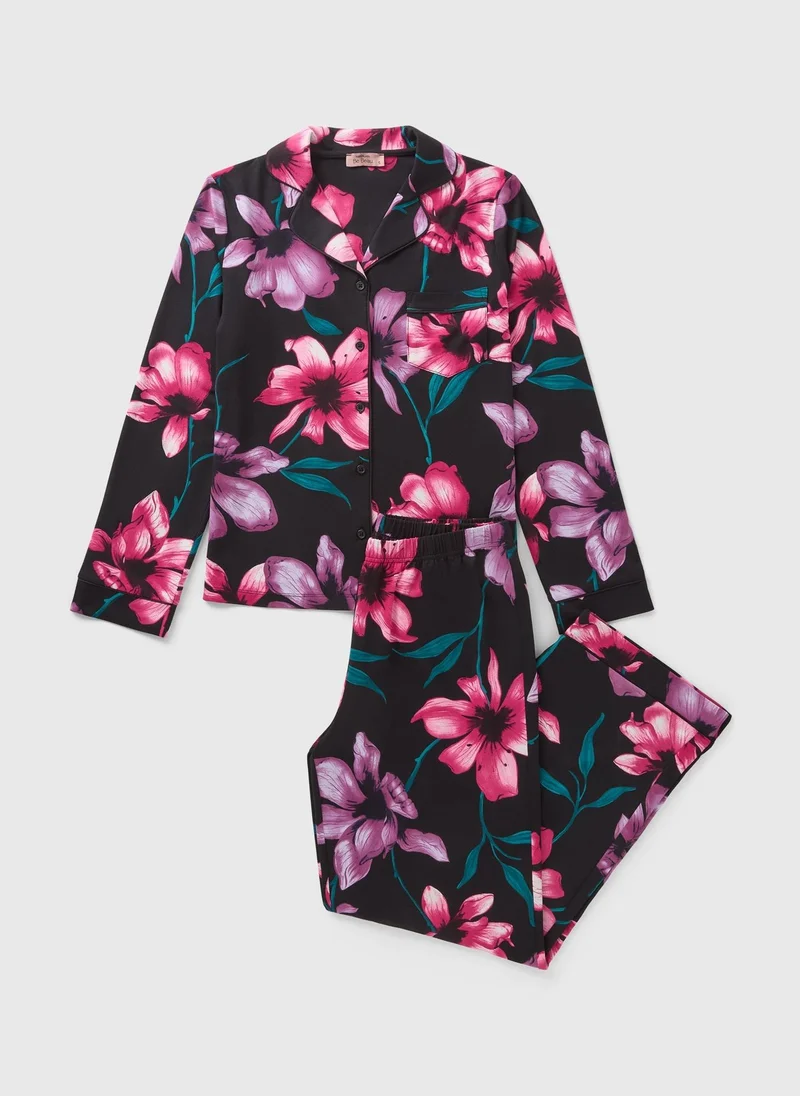 ماتلان Black Hero Floral Traditional Satin Pyjama Set