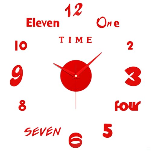 ABOUT SPACE Wall Clock - DIY Wall Sticker Clock Self Adhesive, Non-Ticking, Frameless, Acrylic Analog Watch Adjustable Size for Living Room, Bedroom, Office (Red - Numbers, Words), 25cm, 50cm - Image 1