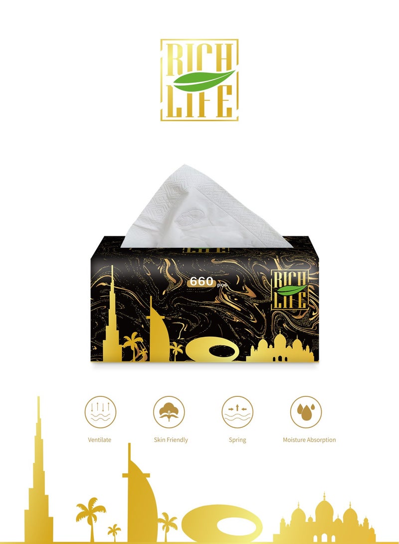 Rich Life Thick 3-Ply Cloth Napkins Fragrance-Free & Dye-Free Tissues, 660 Sheets Family Pack Facial Tissues, 200x180 mm Water-Resistant, Gentle on Skin, Lint-Free, Soft and High Absorbency, paper towels 3300 sheets Ideal for Home/Office/Travel(5 Packs) - Image 2