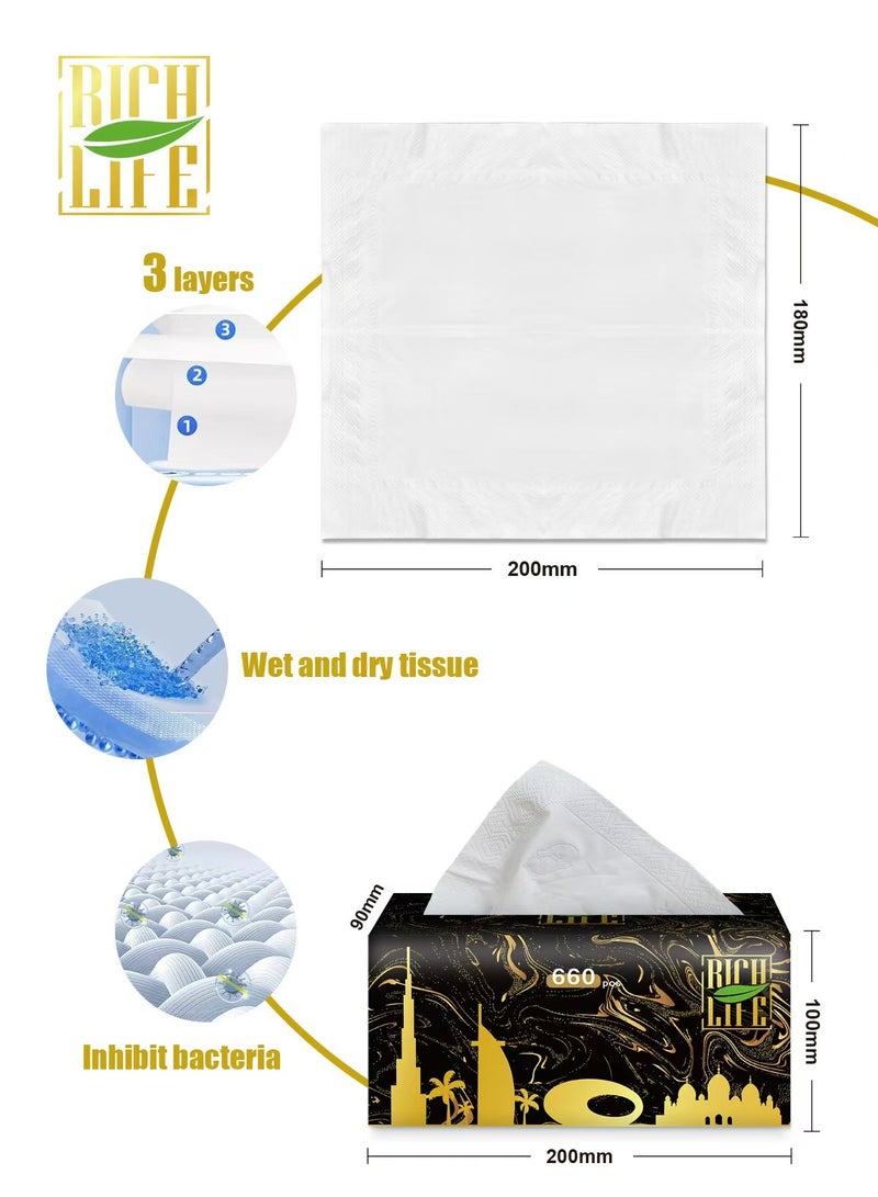 Rich Life Thick 3-Ply Cloth Napkins Fragrance-Free & Dye-Free Tissues, 660 Sheets Family Pack Facial Tissues, 200x180 mm Water-Resistant, Gentle on Skin, Lint-Free, Soft and High Absorbency, paper towels 3300 sheets Ideal for Home/Office/Travel(5 Packs) - Image 4