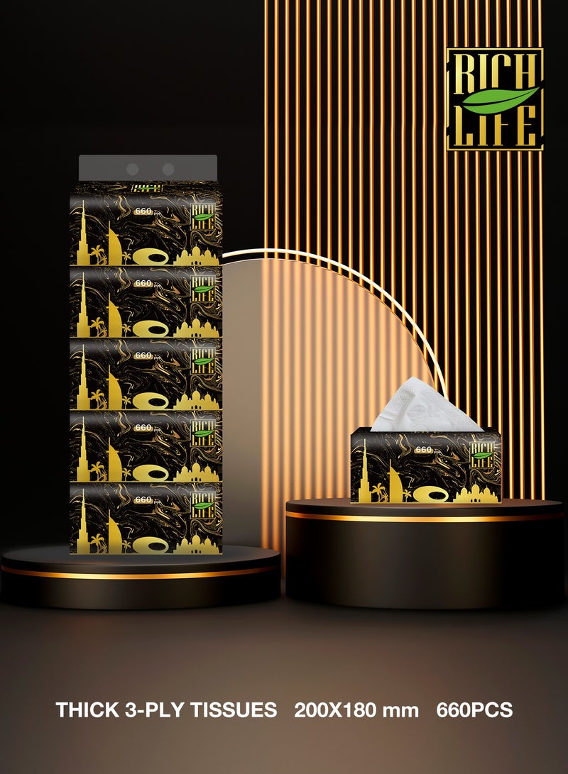 Rich Life Thick 3-Ply Cloth Napkins Fragrance-Free & Dye-Free Tissues, 660 Sheets Family Pack Facial Tissues, 200x180 mm Water-Resistant, Gentle on Skin, Lint-Free, Soft and High Absorbency, paper towels 3300 sheets Ideal for Home/Office/Travel(5 Packs) - Image 3