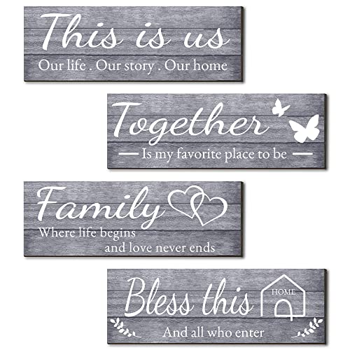 Joyhawk 4 Pieces Wall Decor Signs, THIS IS US, TOGETHER, BLESS THIS HOME, FAMILY Rustic Wooden Farmhouse Wall Art Décor For Living Room Bedroom Kitchen, , 4.7 x 13.8 Inch(Grey) - Image 1