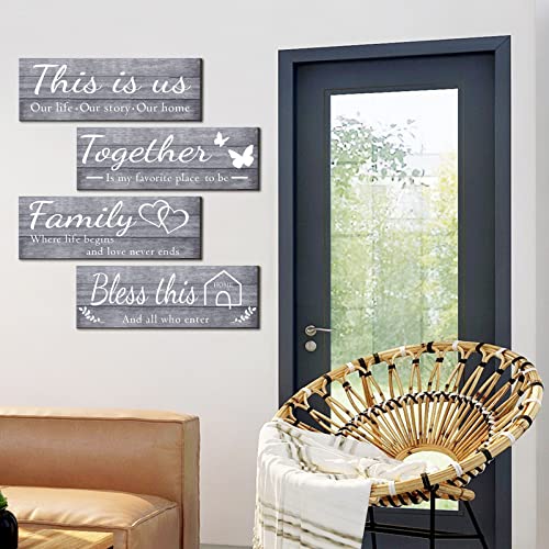 Joyhawk 4 Pieces Wall Decor Signs, THIS IS US, TOGETHER, BLESS THIS HOME, FAMILY Rustic Wooden Farmhouse Wall Art Décor For Living Room Bedroom Kitchen, , 4.7 x 13.8 Inch(Grey) - Image 4