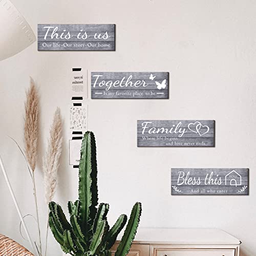 Joyhawk 4 Pieces Wall Decor Signs, THIS IS US, TOGETHER, BLESS THIS HOME, FAMILY Rustic Wooden Farmhouse Wall Art Décor For Living Room Bedroom Kitchen, , 4.7 x 13.8 Inch(Grey) - Image 3